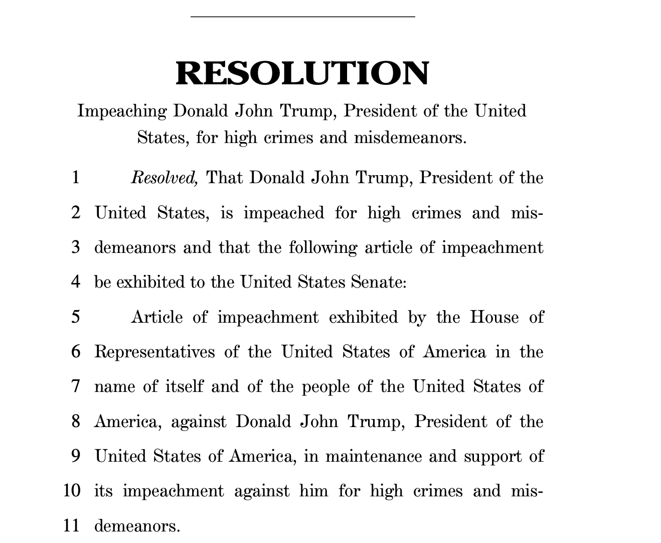 Image: Portion of the 2021 House Resolution impeaching President Trump.