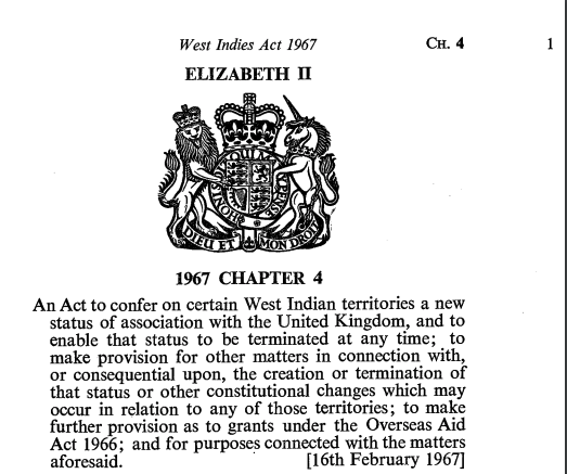 Image: The intro to the West Indies Act 1967 and the royal seal.