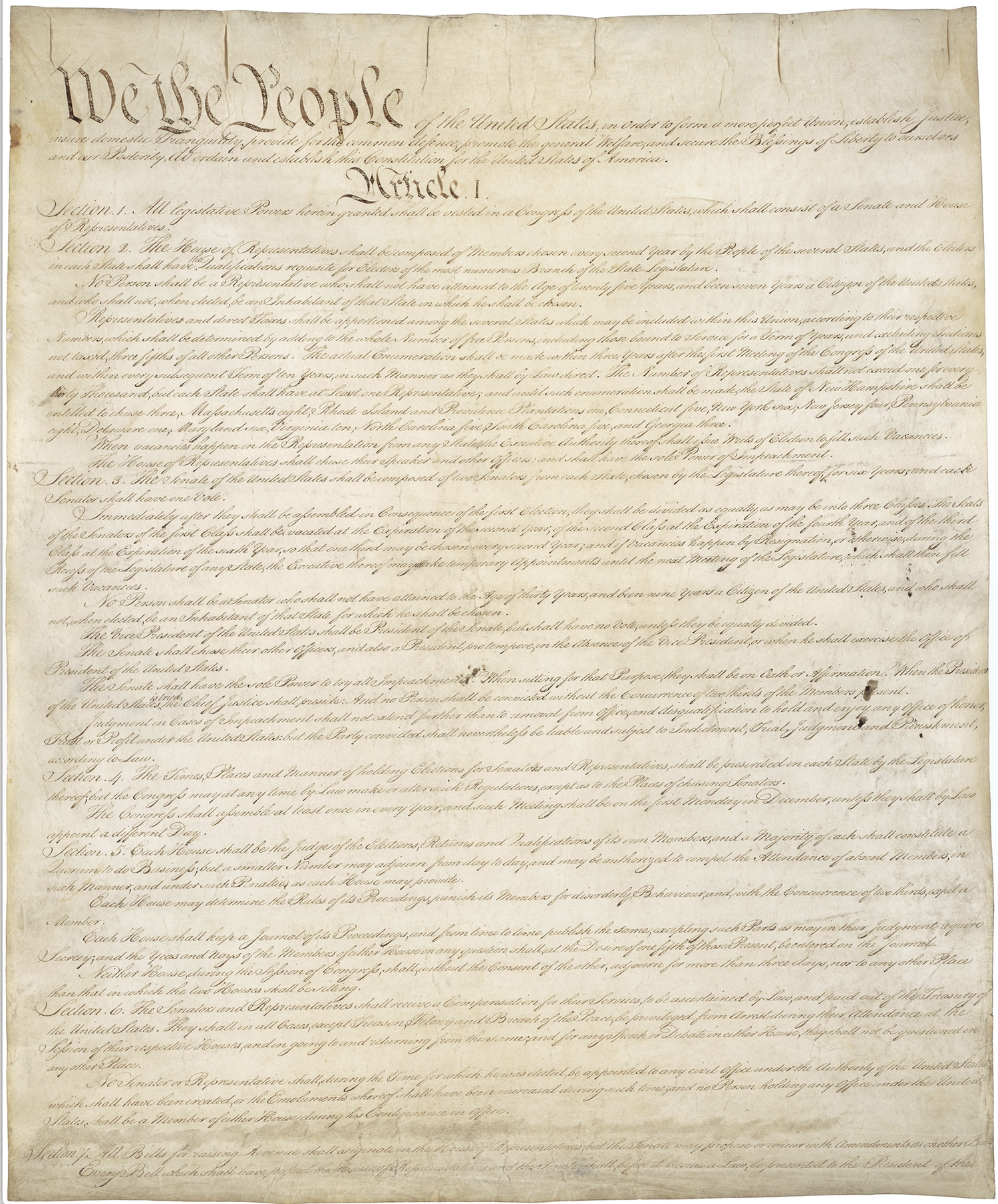 First Page of the U.S. Constitution. Courtesy U.S. National Archive.