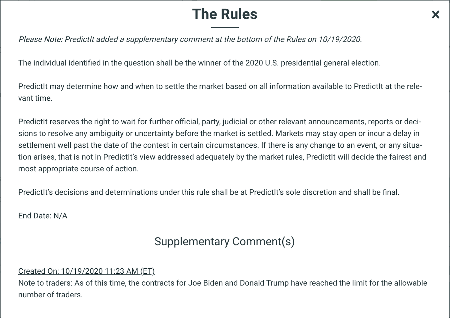 Screengrab of PredictIt’s rules for the 2020 presidential election market, taken on November 23, 2020.